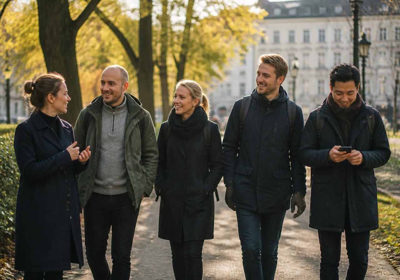 En grupp kollegor promenerar och pratar tillsammans utomhus.