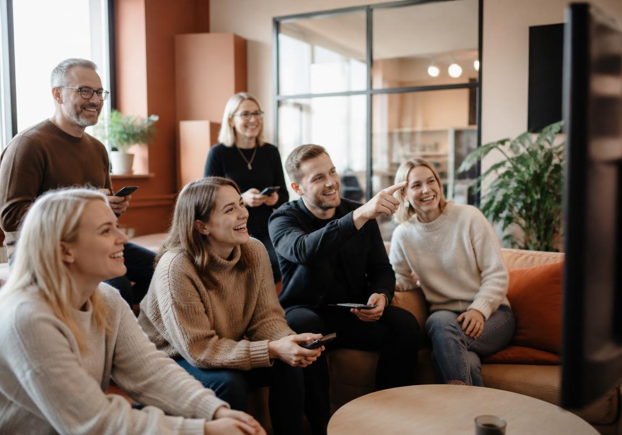 Ett team samlat framför storskärmen, någon håller upp mobilen och rummet skrattar